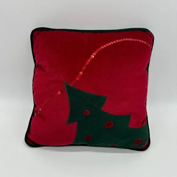 Vintage Christmas Tree Throw Pillow Red Green Velvet Sequins Holiday Decor