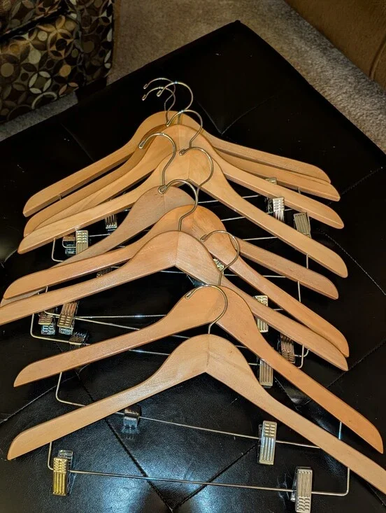 Wooden Suit Hangers with Metal Clips - Natural Wood Set Of 9