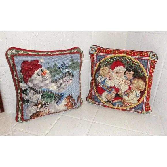 Vintage Needlepoint Christmas Pillow Lot Snowman & Santa decorative holiday