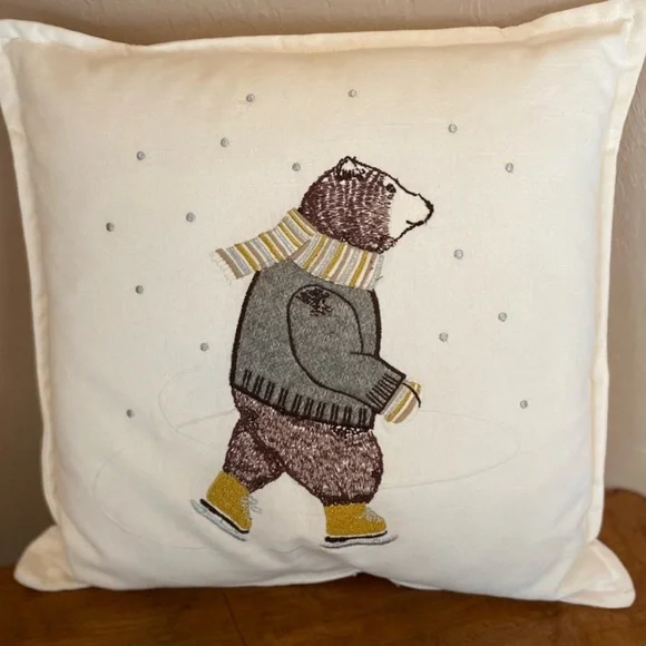 Ice Skating Bear Sweater Wearing With Scarf Pillow 18x18”