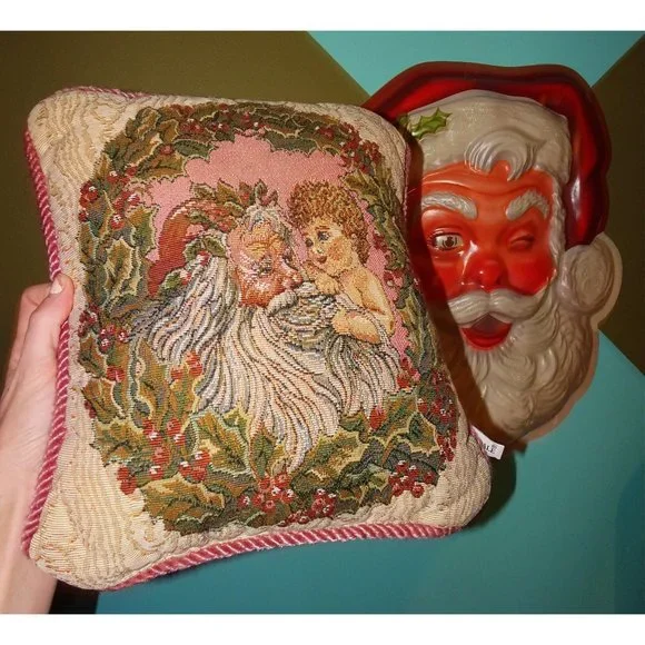 Vintage Riverdale Cross Stitch Santa & Child Throw Pillow Christmas decor holly