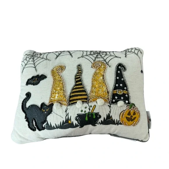 Spooky Night Halloween Gnome Witches Black Cat‎ Pumpkin Beaded 14in Toss Pillow