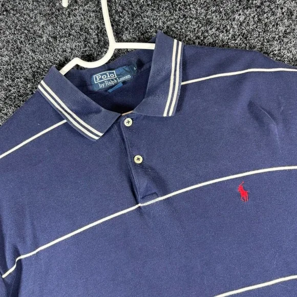 Polo Ralph Lauren Mens Large Navy Blue Striped Short Sleeve Cotton Polo Shirt