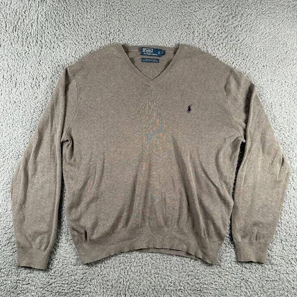 Polo Ralph Lauren Sweater Mens L Gray Pony Pima Cotton V‎ Neck Jumper Pullover