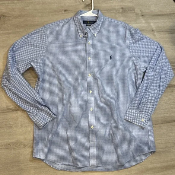 Polo Ralph Lauren Stretch Shirt Mens‎ XL Blue White Oxford Pony Gingham Check