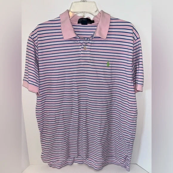 Polo Ralph Lauren‎ VINTAGE pink white blue stripe short sleeve polo size LARGE