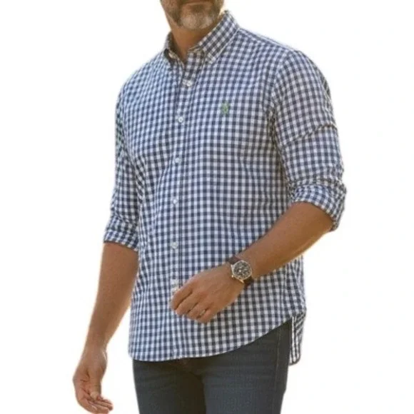 Polo Ralph Lauren Shirt Mens Large Blue Gingham Non-Iron Slim Fit Excellent Logo