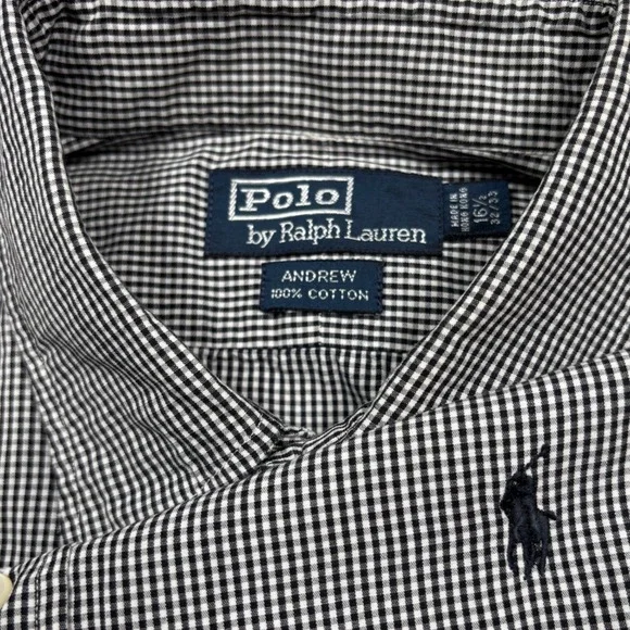 Polo Ralph Lauren Button Shirt Men L 16.5 32/33 Black White Gingham Check Preppy