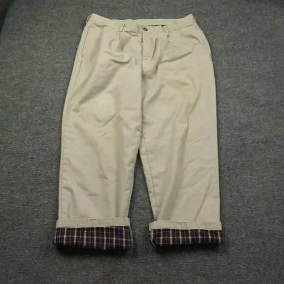 LL Bean Pants Men 36x27 Cream Beige Flannel Lined Pleated Natural‎ Fit Flawed