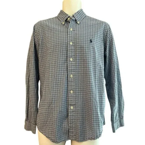 Polo Ralph Lauren Mens Large Blue White Check Long Sleeve Button Shirt Pony Vtg