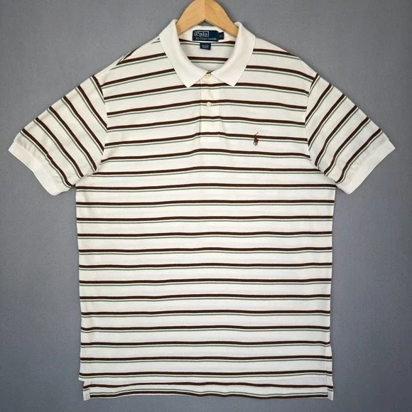 Polo Ralph Lauren Men's XL Striped Cotton Pique Polo Shirt White Brown Green