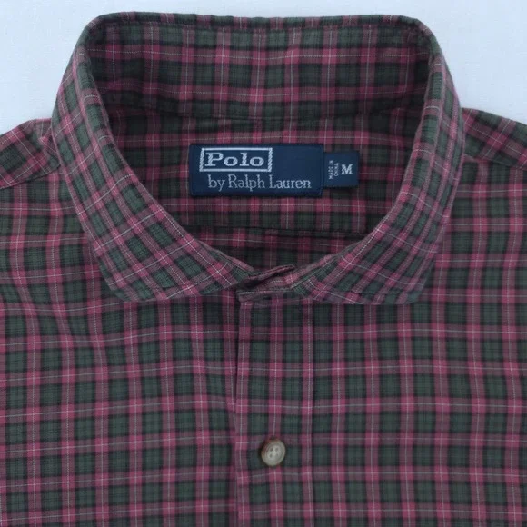 Polo Ralph Lauren Mens Button Down Shirt M Burgundy Green Plaid Long‎ Sleeve