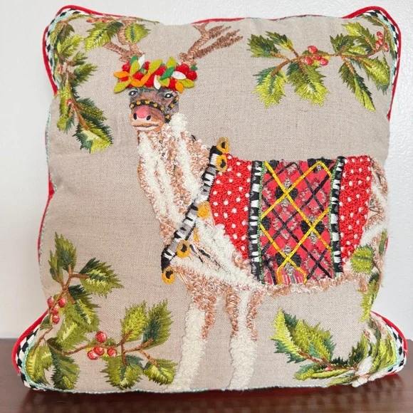 MacKenzie-Childs Santa's Reindeer Pillow in a Cotton-Linen Blend with Red Piping