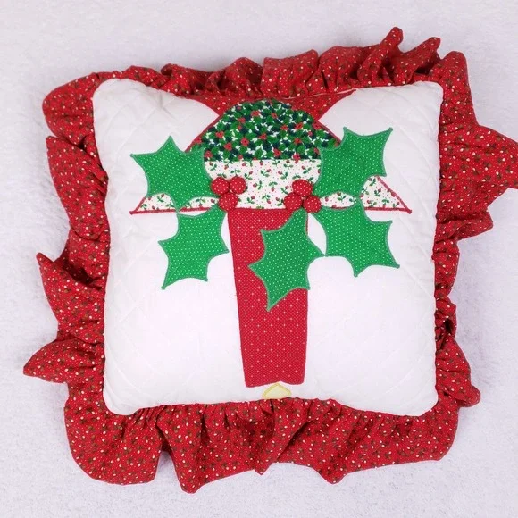 Vintage Quilted‎ Christmas Pillow Ruffle Edge Holly Appliqué 16x16 Cottagecore