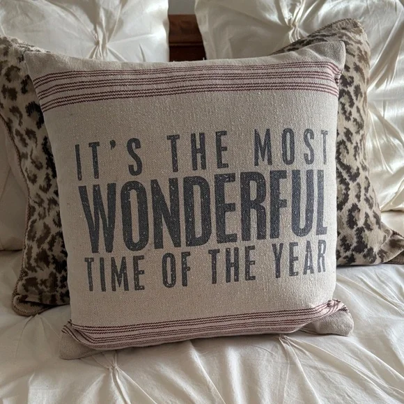 Charming 14” square It’s the most wonderful time of the year holiday pillow EUC