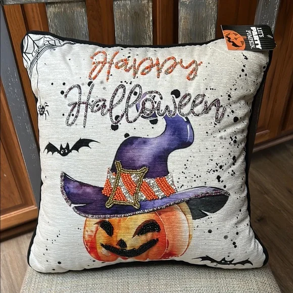 NWT Halloween Decorative Pillow with Pumpkin and Witch Hat 15”