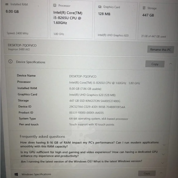 LIKE NEW-Dell Inspiron 3480 Desktop - Black