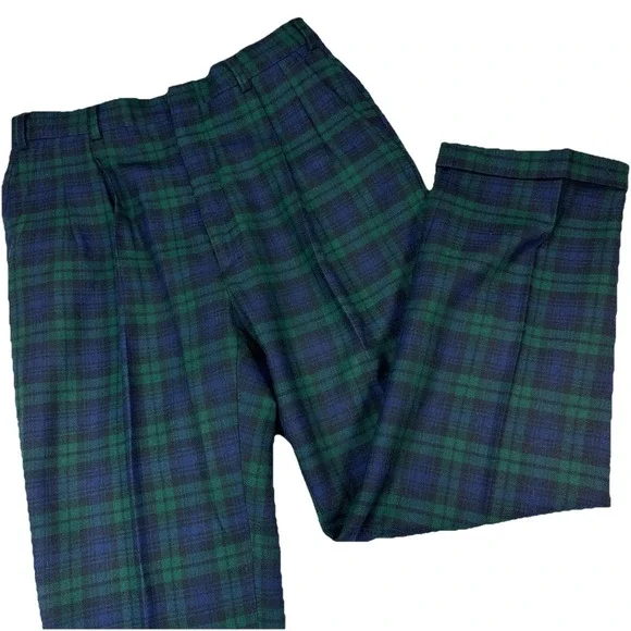 Vtg Jos A Bank Mens 32x28 Green Blue Plaid 100% Wool Dress Pleat Pants USA Made