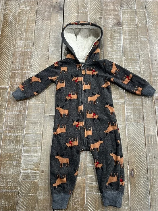Cozy Charcoal Moose Hooded One-Piece Bodysuit