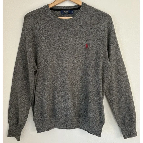 Polo Ralph Lauren Gray Cotton Crewneck Sweater Quiet Luxury Preppy Dark Academia