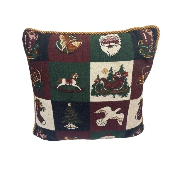 Vintage Christmas Tapestry Santa Christmas Tree Horse Bell Throw Pillow 14” RARE