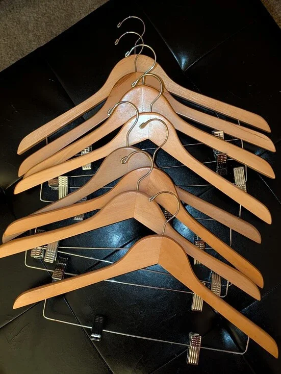 Classic Wooden Suit Hangers with Clips - Natural Wood Set Of 8