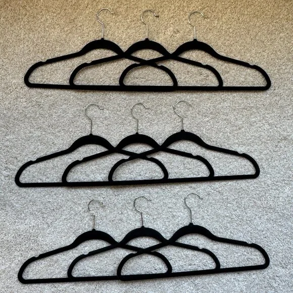 Set of 12 Velvet Non-Slip Hangers, Heavy Duty, Slim Profile - Black Silver Hook
