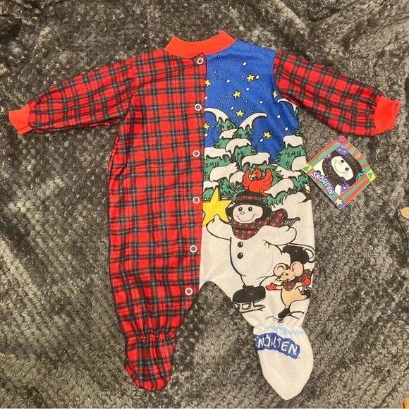 VTG 90s‎ Snowden the Snowman footed one-piece red plaid (tartan) sleeper 3m NWT