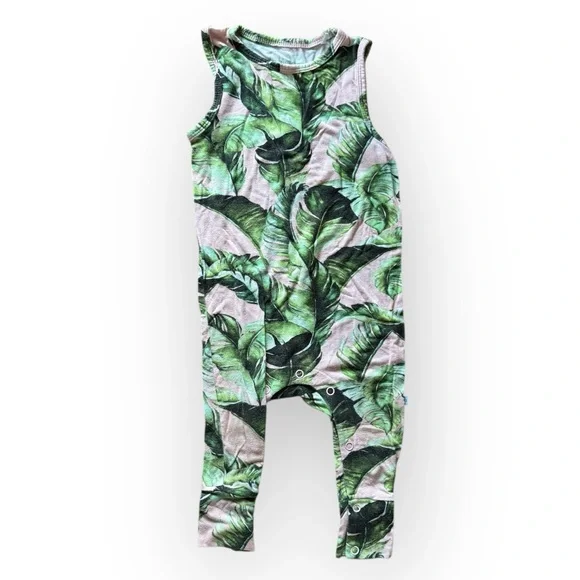 Posh Peanut Green and Pink Leaf Print Romper