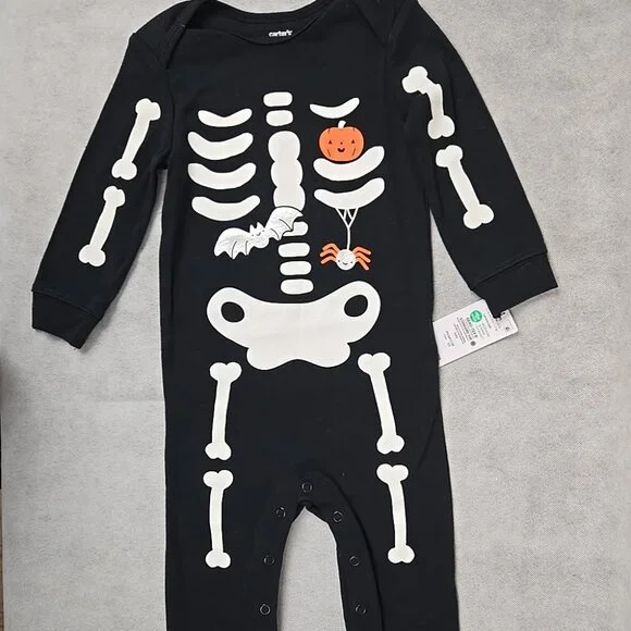 Carters Baby 24 mo Halloween Black Long Sleeve 1 piece Skelton Bones Pumpkin NWT