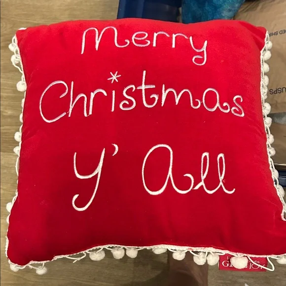 Vintage Red Velveteen “Merry Christmas Y’all” PomPom Throw Pillow