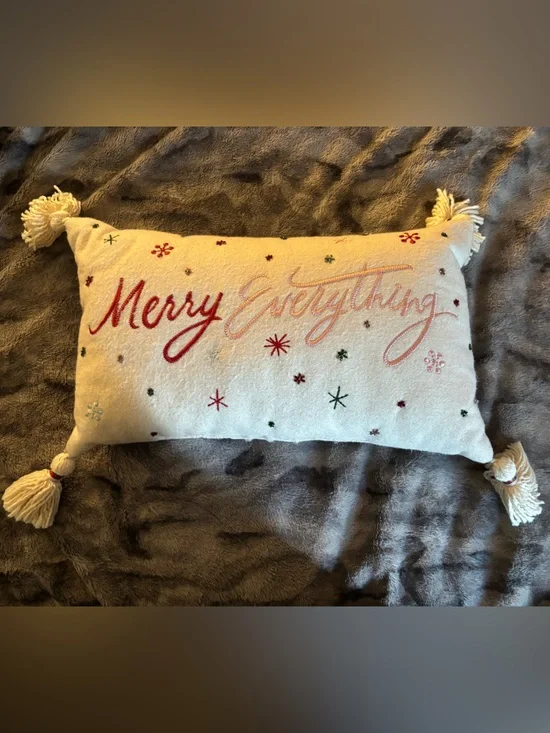 Merry Everything Cute Christmas Decorative Embroidered Beaded Tassels Pillow