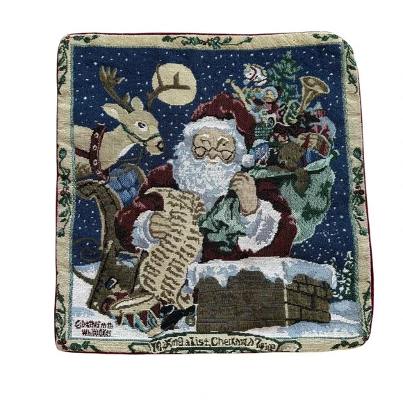 Vintage Christmas Tapestry Santa Claus Reindeer Pillow Cover 14.5x15 Red Zipper