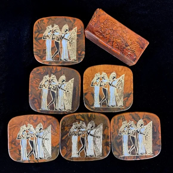 Vintage 6 Egyptian Goddess Leather Coasters in Holder Princess Pharaohs Wife
