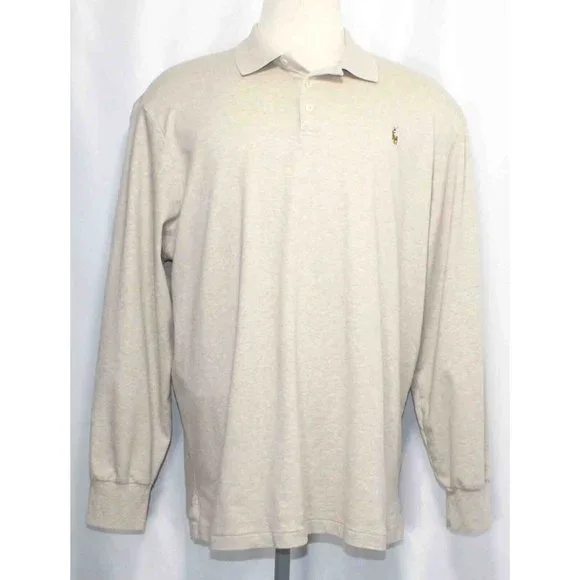 Polo Ralph Lauren Beige‎ Classic Fit Cotton Long Sleeve Polo Shirt Mens Size XXL
