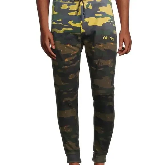 Eleven Paris Men's Acid Green Camo Distressed Jogger Pants Size S