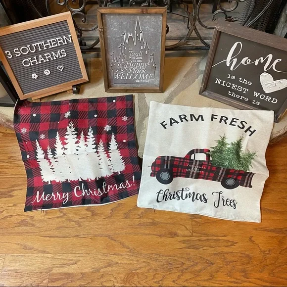 New Christmas Farmhouse Country Linen Buffalo Plaid Pillow Covers Set of…