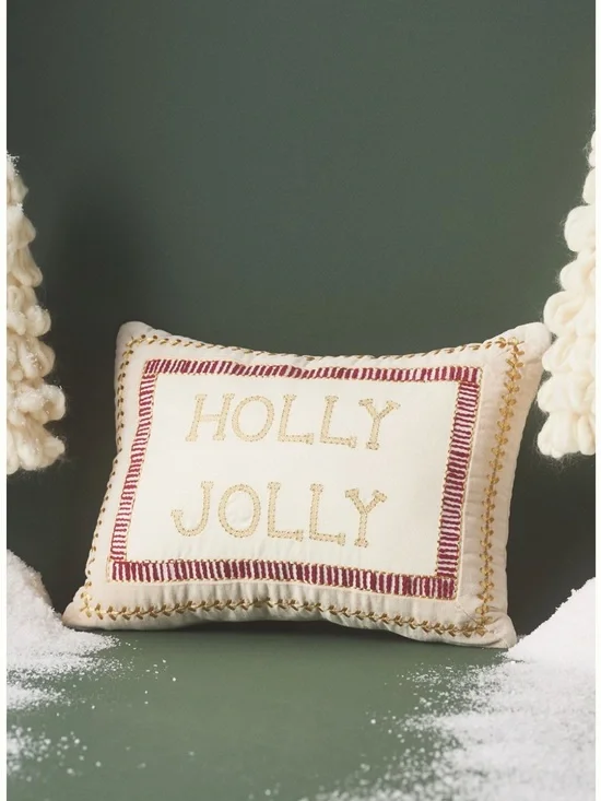 Holly Jolly Embroidered Holiday Throw Pillow - Cream & Red from Anthropologie