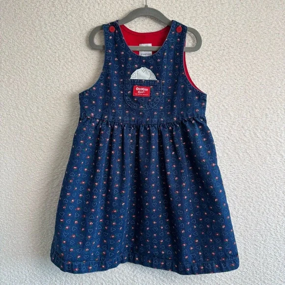 Vintage‎ Osh Kosh B’Gosh Denim Jumper Dress Red White Floral Heart Print Size 6