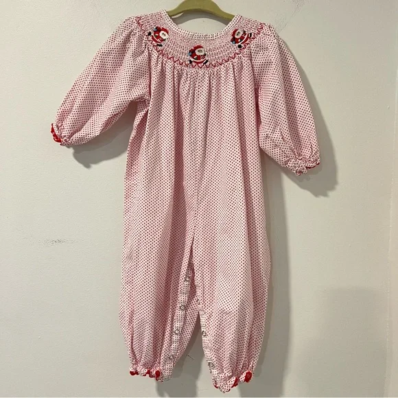 Marie Nicole Smocked Santa Christmas Romper Red Polka Dot One Piece 12-18M