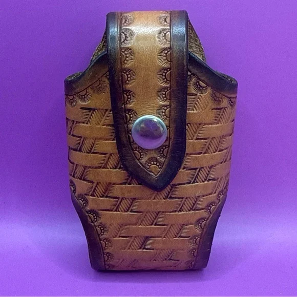 Leather Phone Sheath Holster Basket Weave Design Snap Closure Metal Belt Attach