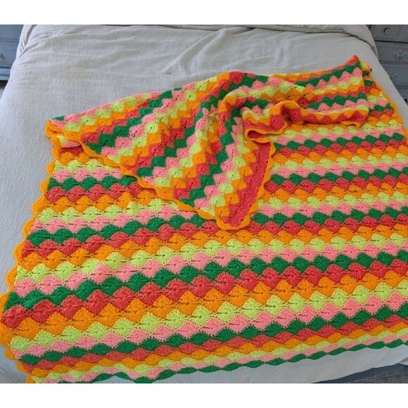 That 70s Afghan Couch Throw Shag Vintage Hippie Boho Colors 60x90