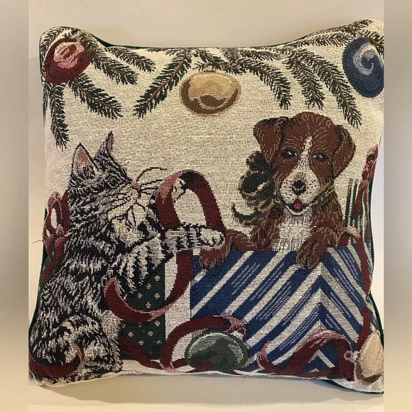 Christmas Pillow With Dog & Cat