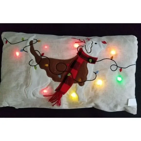 Accent Pillow Reindeer Dog Christmas Holiday Blinking Light-Up Buffalo Plaid