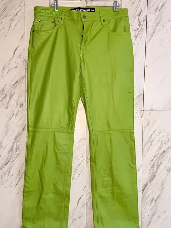 Sp5der Leather Slime Green Straight Pants SZ 36