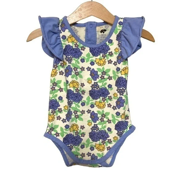 monica and andy 12-18M retro floral print one piece ruffle sleeve organic cotton