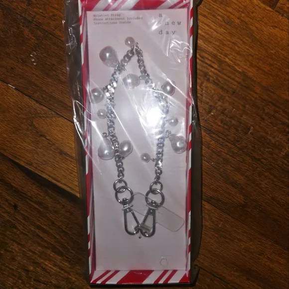 A New Day Silver Chain Phone Wristlet Strap with Faux Pearl