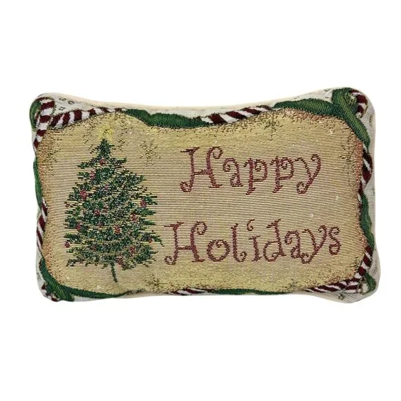Happy Holidays Tapestry Rectangular Christmas Tree Pillow 11.5 x 7.5 Decor