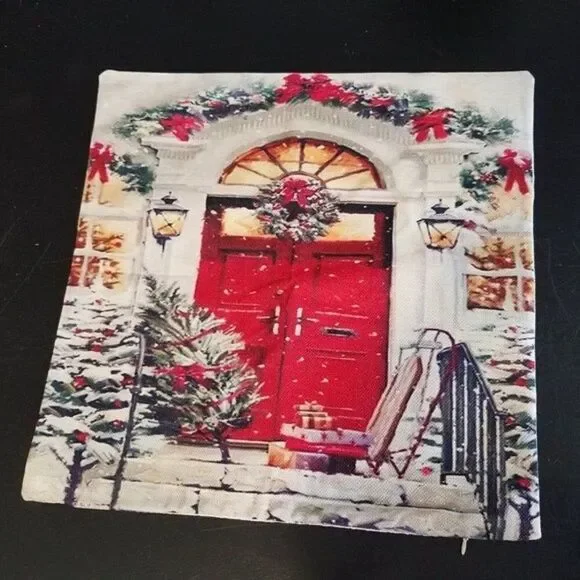 Red Christmas Door Accent Throw Pillow Cover Case Winter House 17