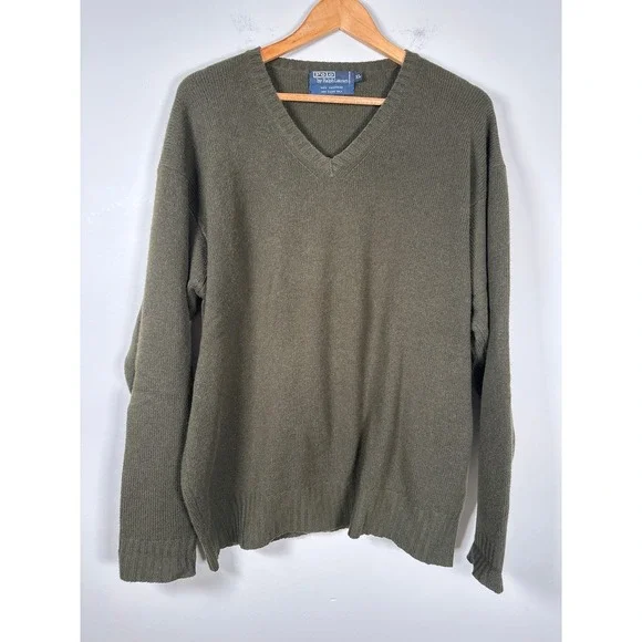 Polo Ralph Lauren 100% Cashmere Sweater Green Size XL V Neck Long Sleeve Luxe